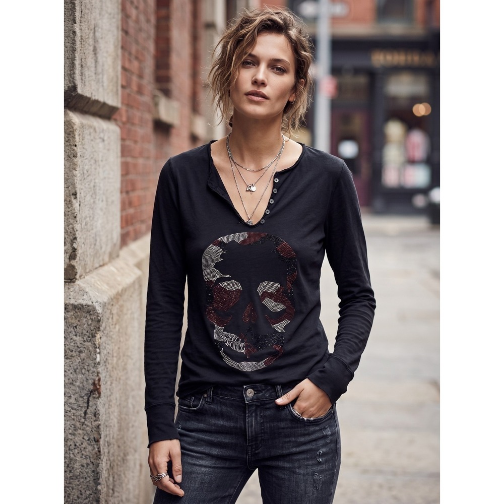 Zadig & Voltaire Tunisien ML Strass Skull Henley Tee Black‎ NWT Size XS $128